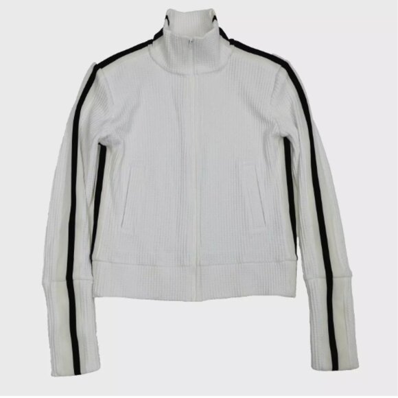 Norma Kamali White Waffle Knit Side Stripe Track Jacket Small Zip Up S/36 - Picture 2 of 14